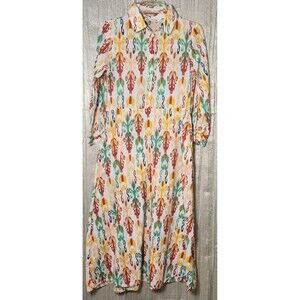 Zara Long Sleeve Maxi Dress Collar Boho Breathable Cotton XS Colorful Ikat Batik